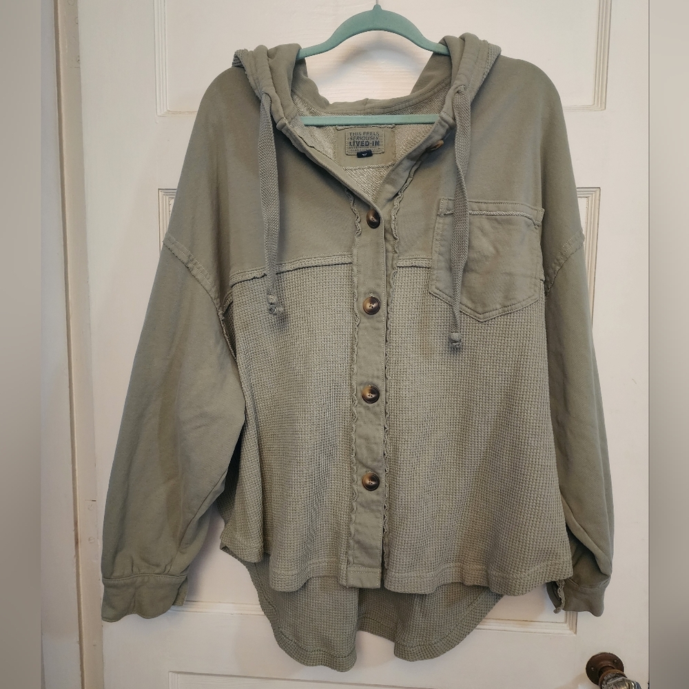American Eagle Outfitters Olive Green Hooded Button-Up Jacket